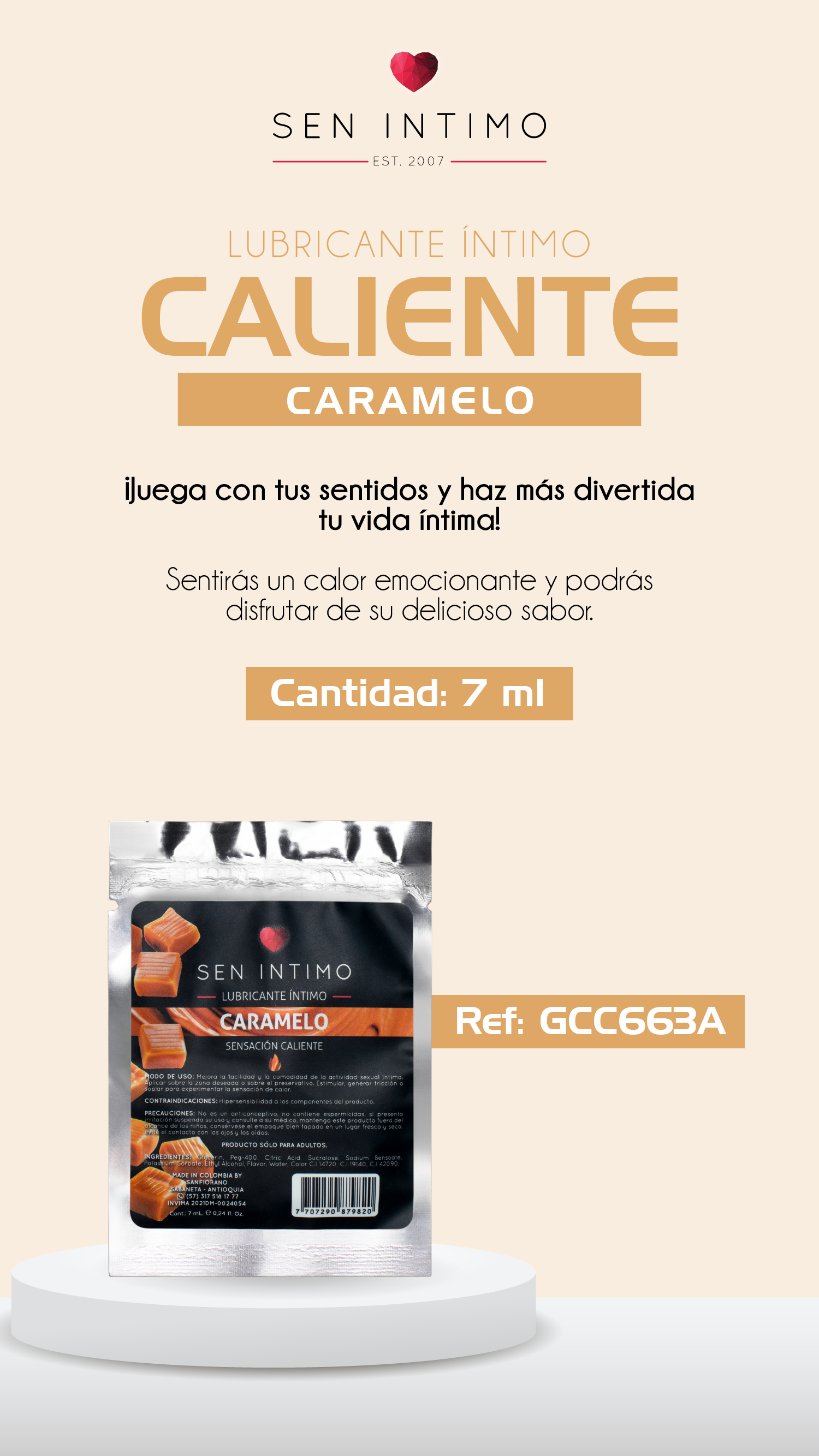 LUBRICANTE CALIENTE SACHET CARAMELO X 7 ML SEN INTIMO