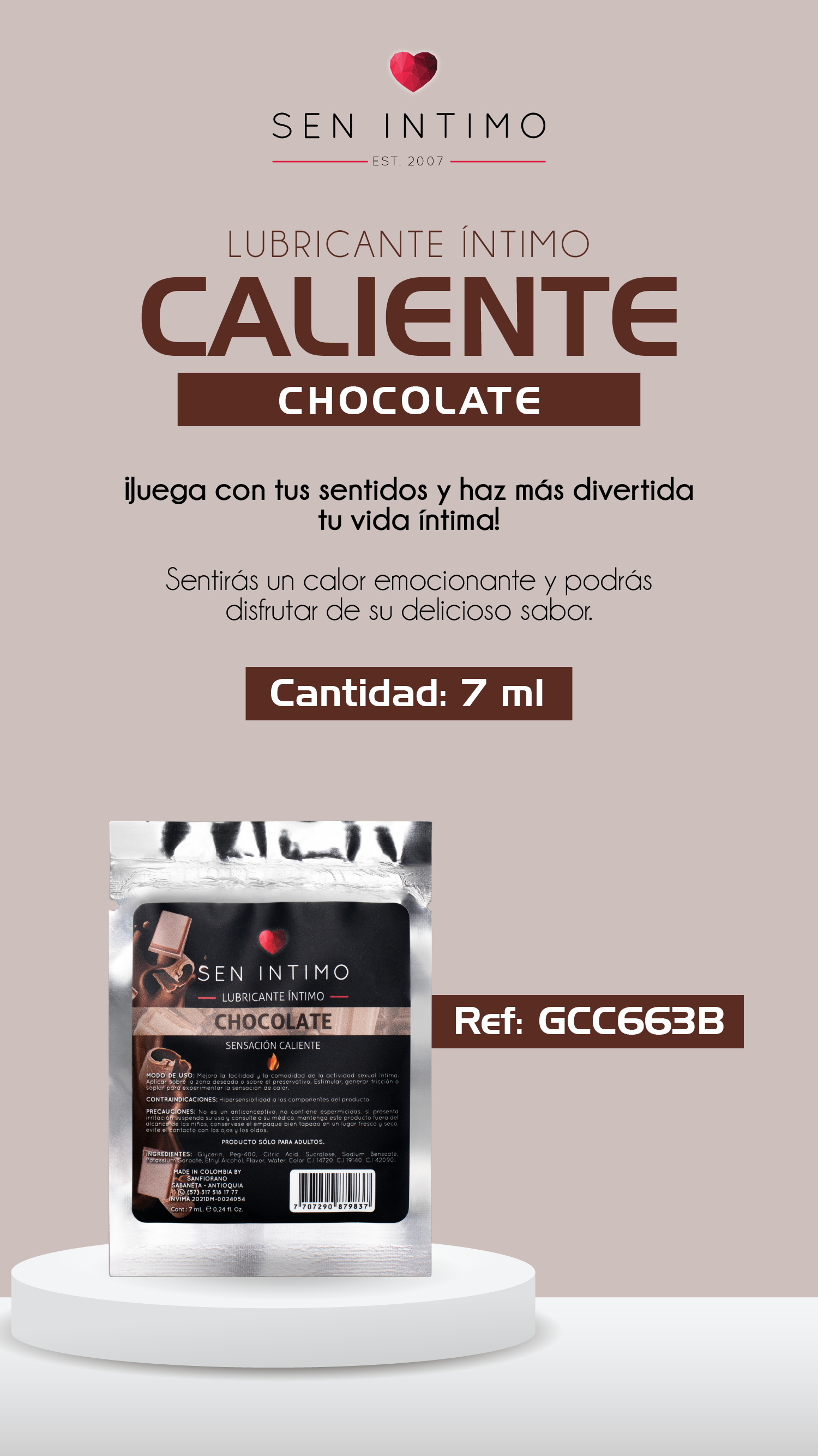 LUBRICANTE CALIENTE SACHET CHOCOLATE X 7 ML SEN INTIMO
